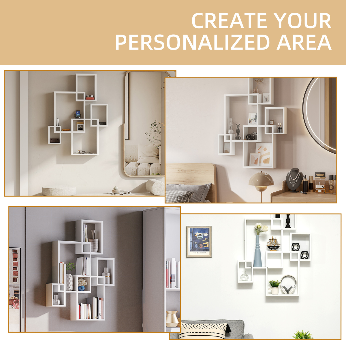 White Interlocking Floating Cube Wall Shelves, 5-Shelf Set