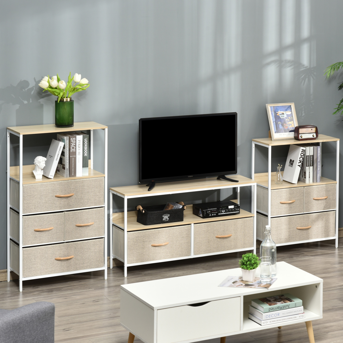 HOMCOM TV Cabinet with 2 Foldable Linen Drawers, Open Shelf, Maple