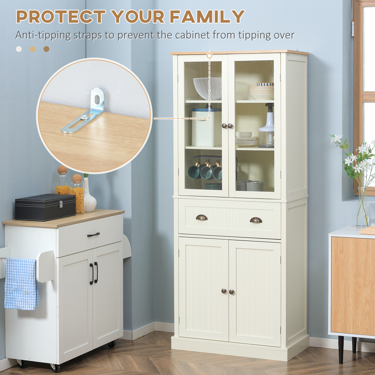 Kitchen Pantry Storage Cabinet, 5-Tier Adjustable Shelves, 4-Door with Drawer