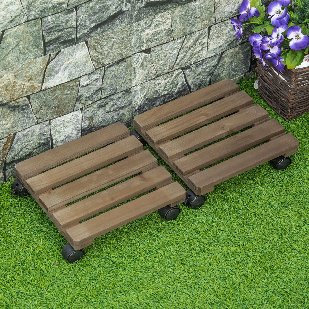 2 Pack Corner Plant Stand with Wheels, Solid Wood Flower Pot Holder with Brakes for Garden, Balcony and Backyard