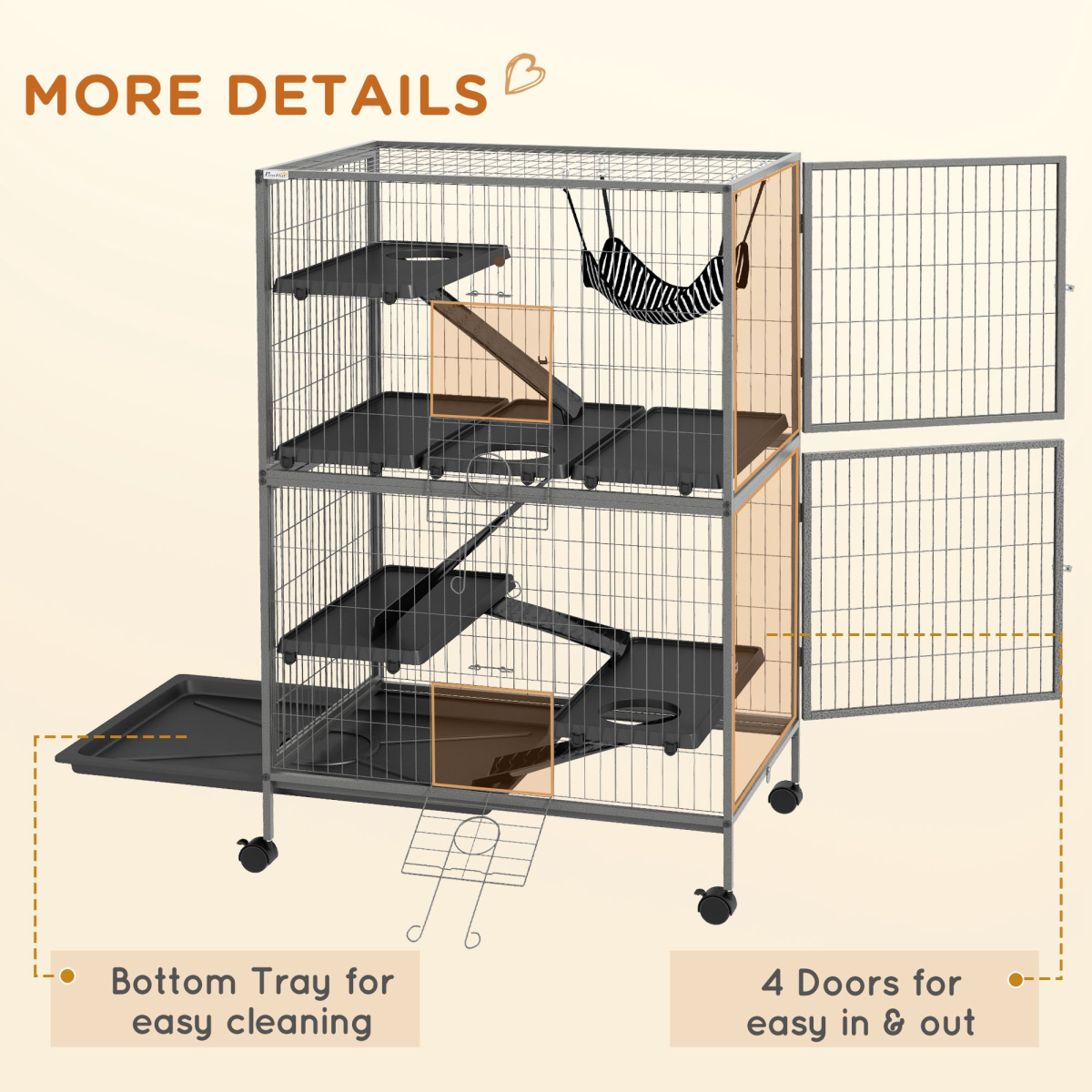 PawHut Multi-Level Small Animal Cage with Hammock, Tray & Wheels
