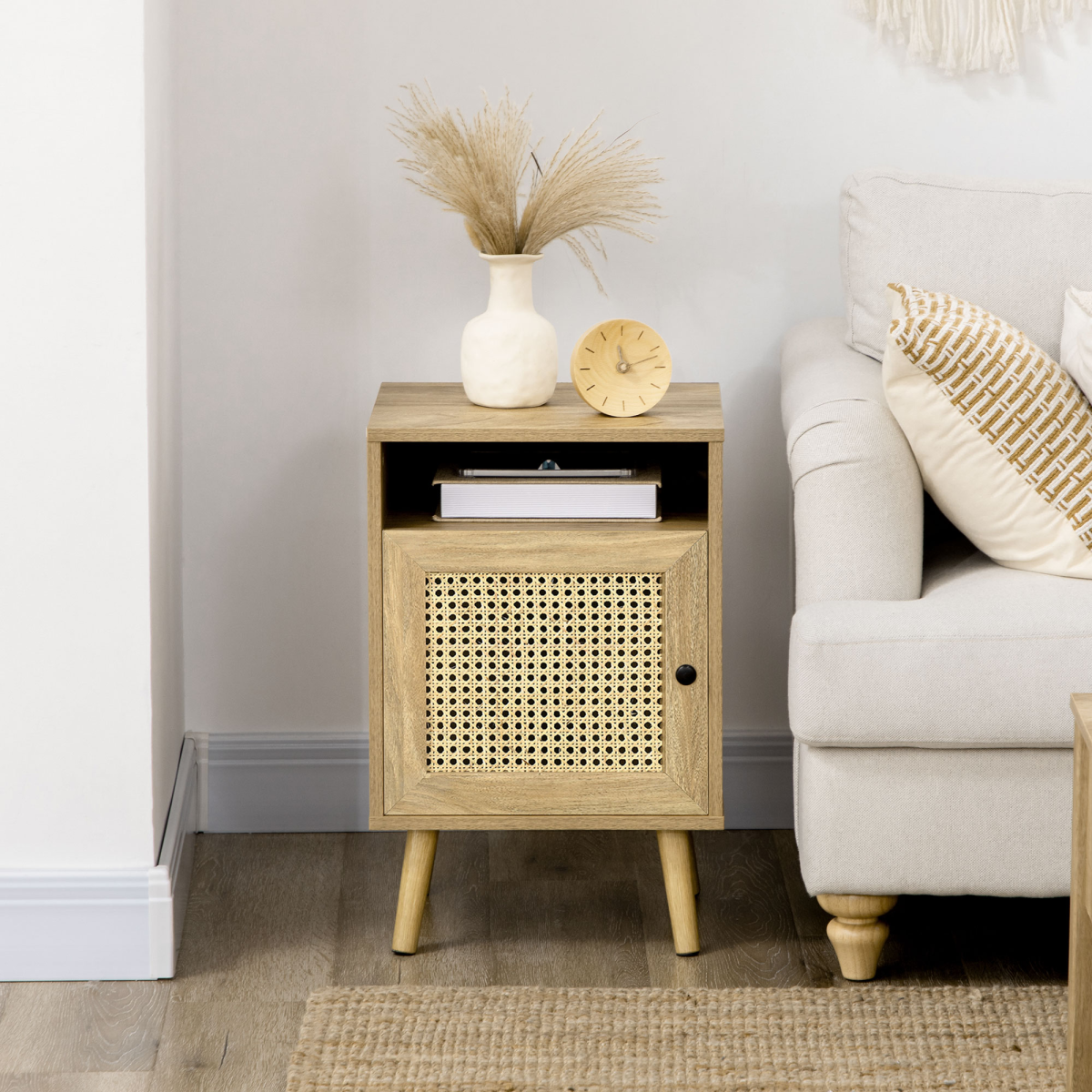 HOMCOM Rattan Nightstand with Cabinet and Shelf, Bedside Table