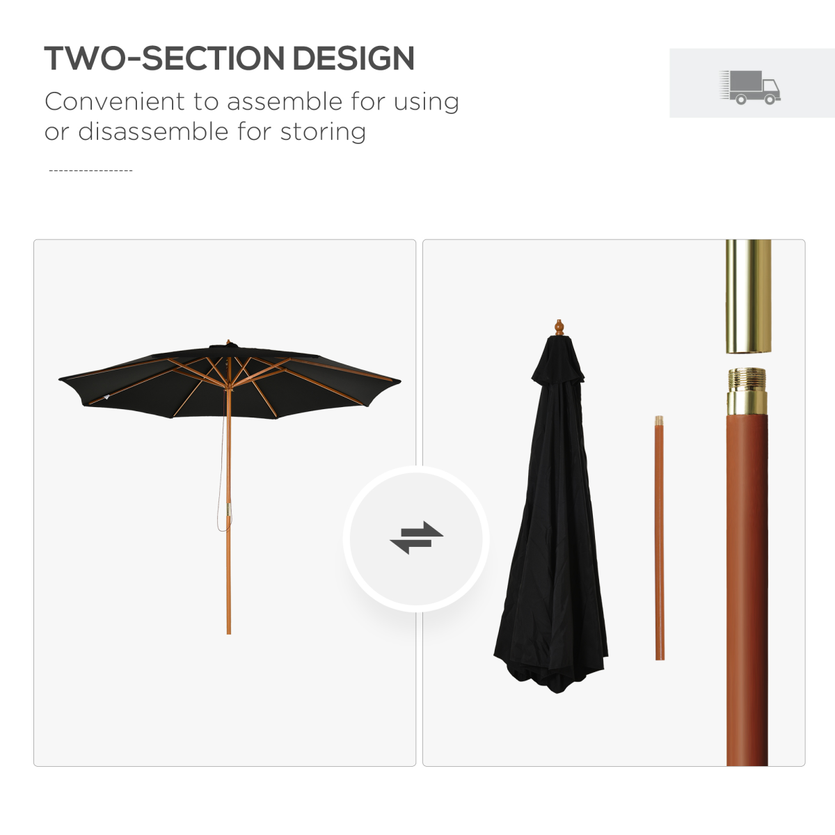 Outsunny Bamboo Wooden Market Patio Umbrella 3 x 2.5 m, Polyester Canopy, Adjustable Angle, Pulley Open and Close, Base Not Included