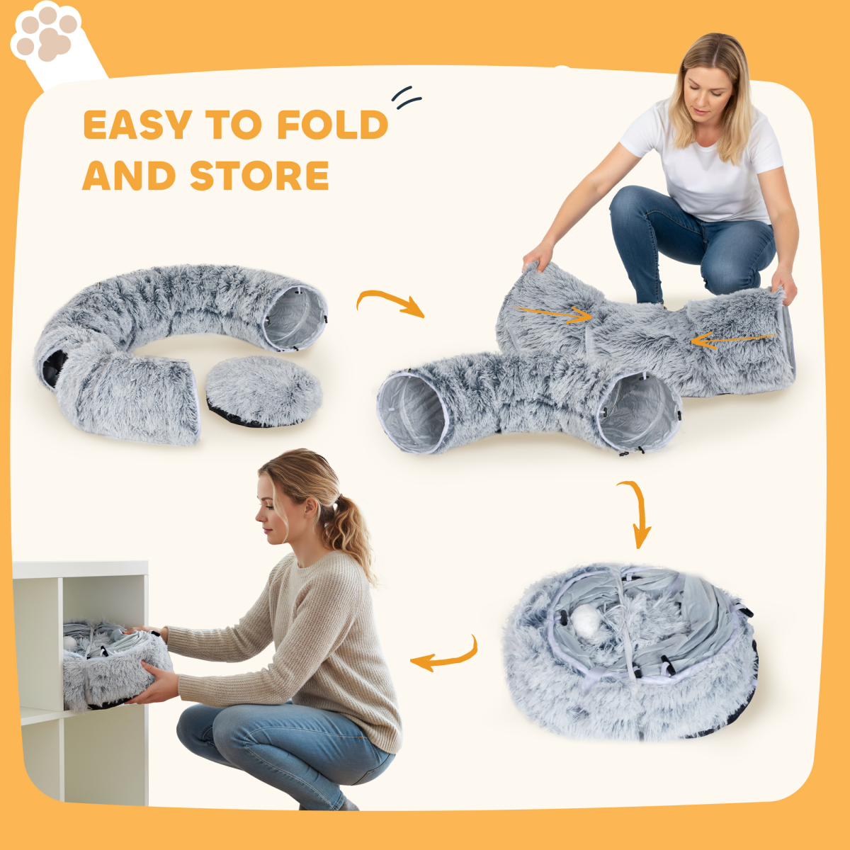 PawHut Foldable Donut Cat Tunnel Bed with Washable Cushion, Light Grey