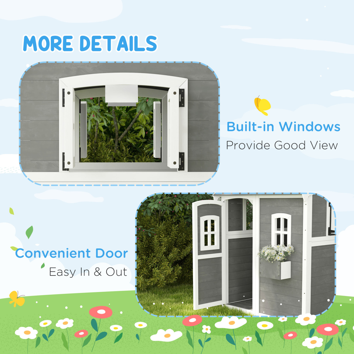 Outsunny Wooden Kids Wendy House with Floor, Grey