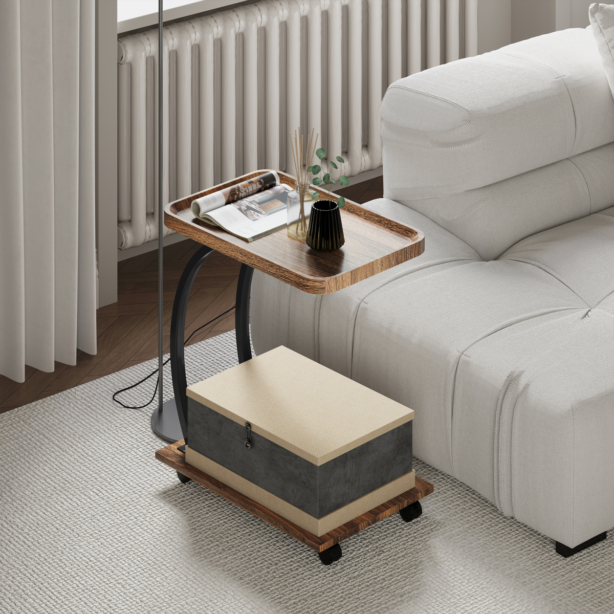 HOMCOM C-Shaped 2-Tier Side Table with Storage and Wheels, Brown