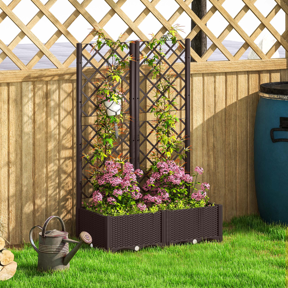 Outsunny Brown PP Planter Box with Trellis and Drain Plugs