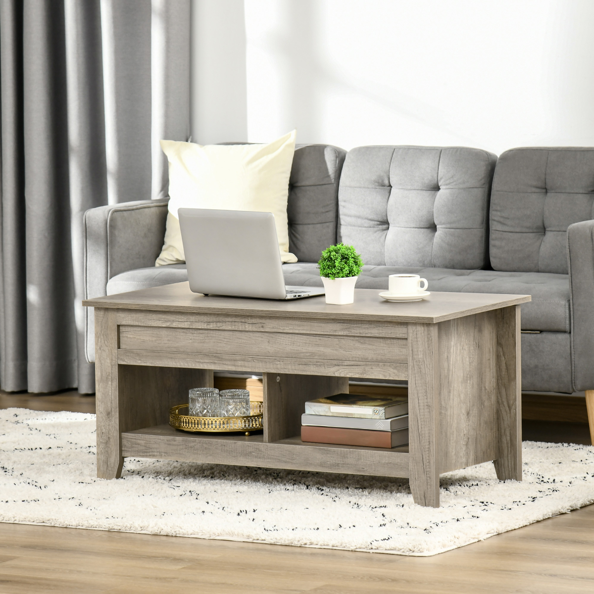 HOMCOM Oak Lift-Top Coffee Table with Hidden Storage and Shelves