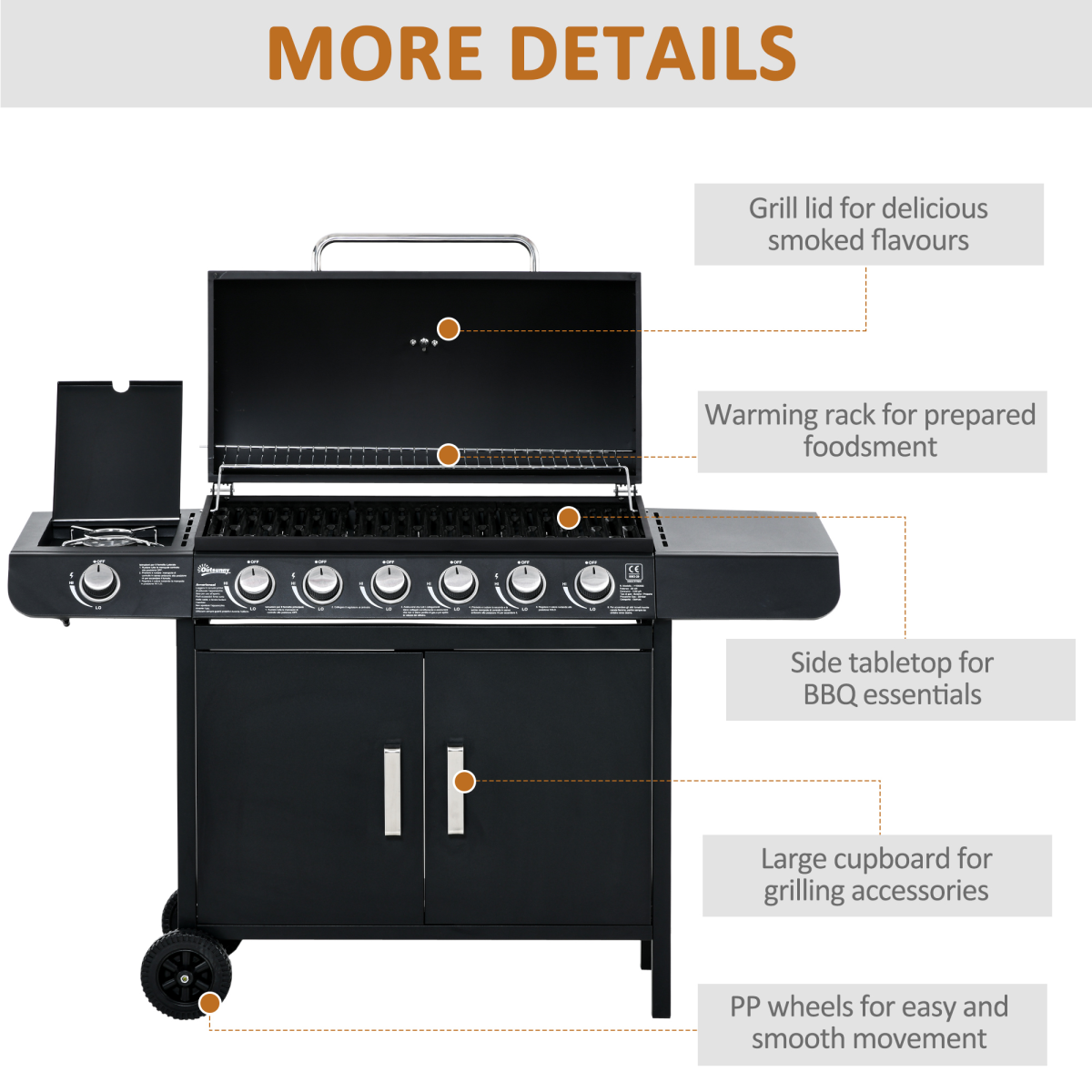 Outsunny 6+1 Burner Gas BBQ Grill with Side Burner, Wheels & Cabinet