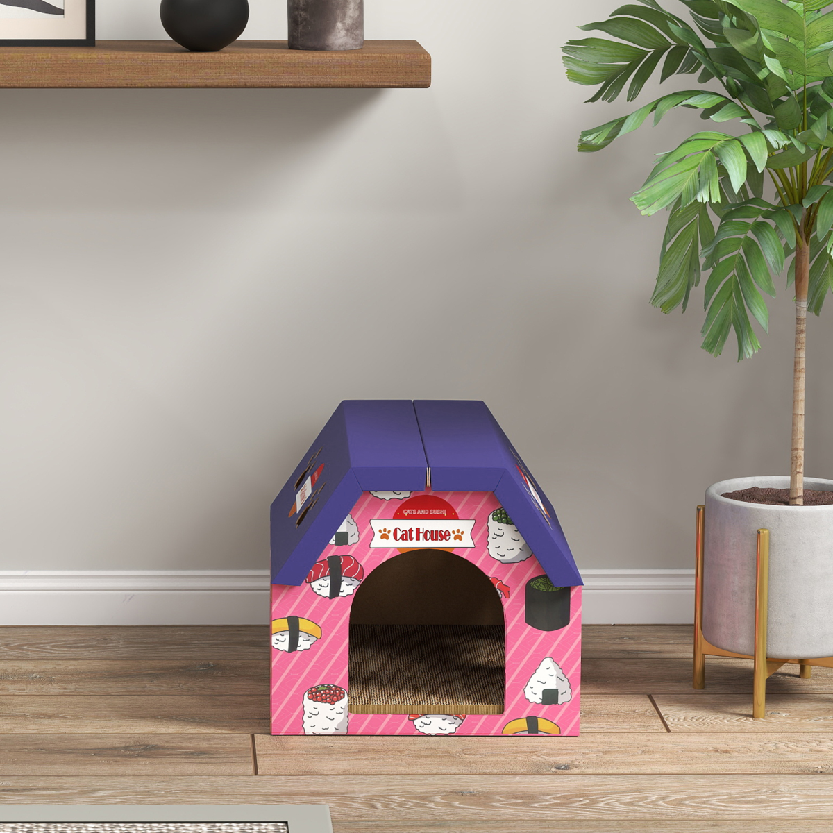 PawHut 2-in-1 Cat House & Scratcher with Cat Grass, Pink