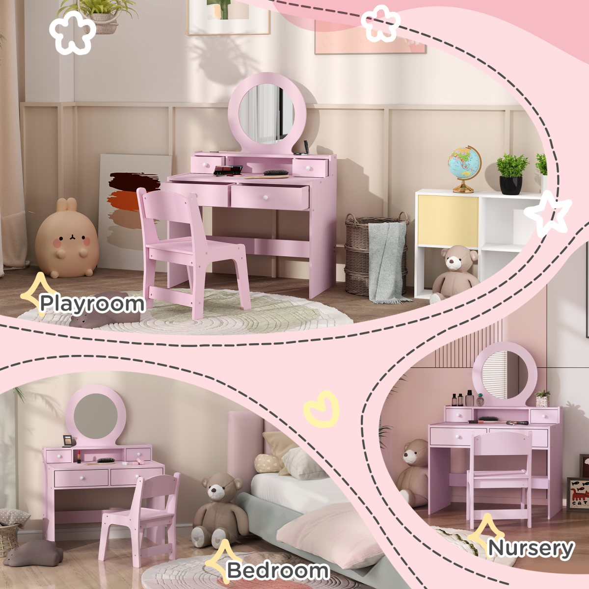 AIYAPLAY Pink Kids Vanity Table and Stool Set with Mirror, 4 Drawers