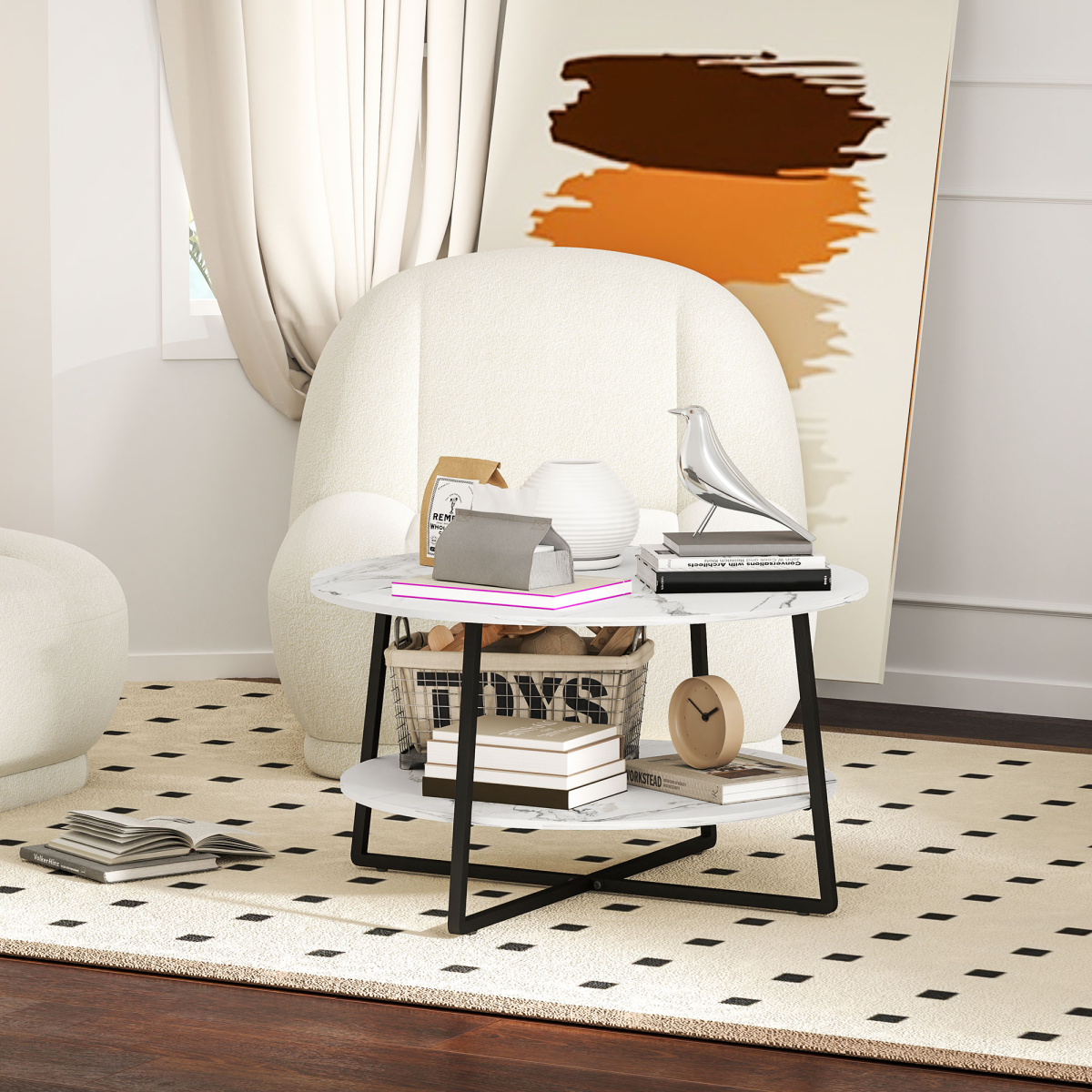 HOMCOM Round Coffee Table with Storage Shelf, Marble-Effect Top, White