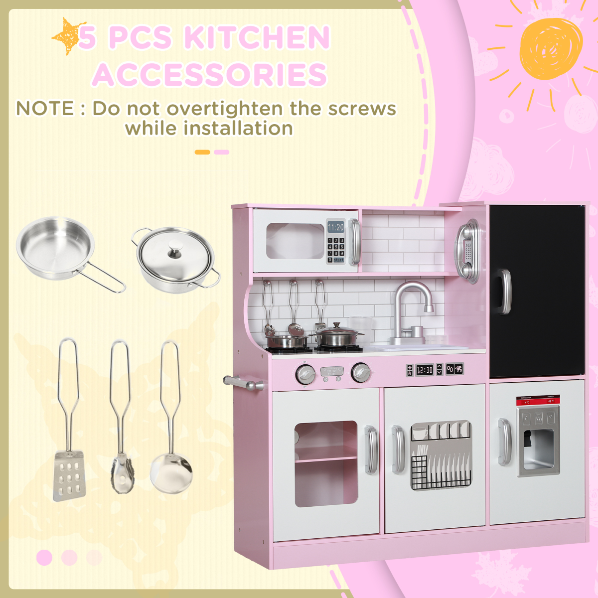 AIYAPLAY Kids Play Kitchen Set with Phone, Chalkboard, Sink & Ice Maker