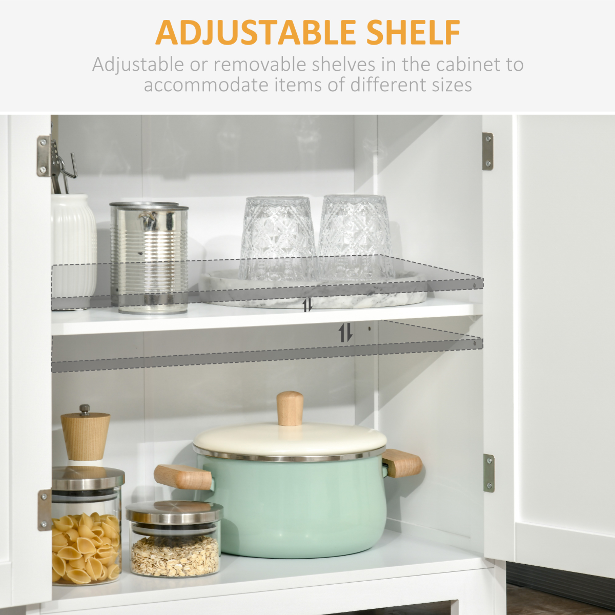 HOMCOM White Kitchen Cupboard with Adjustable Shelves and Glass Doors