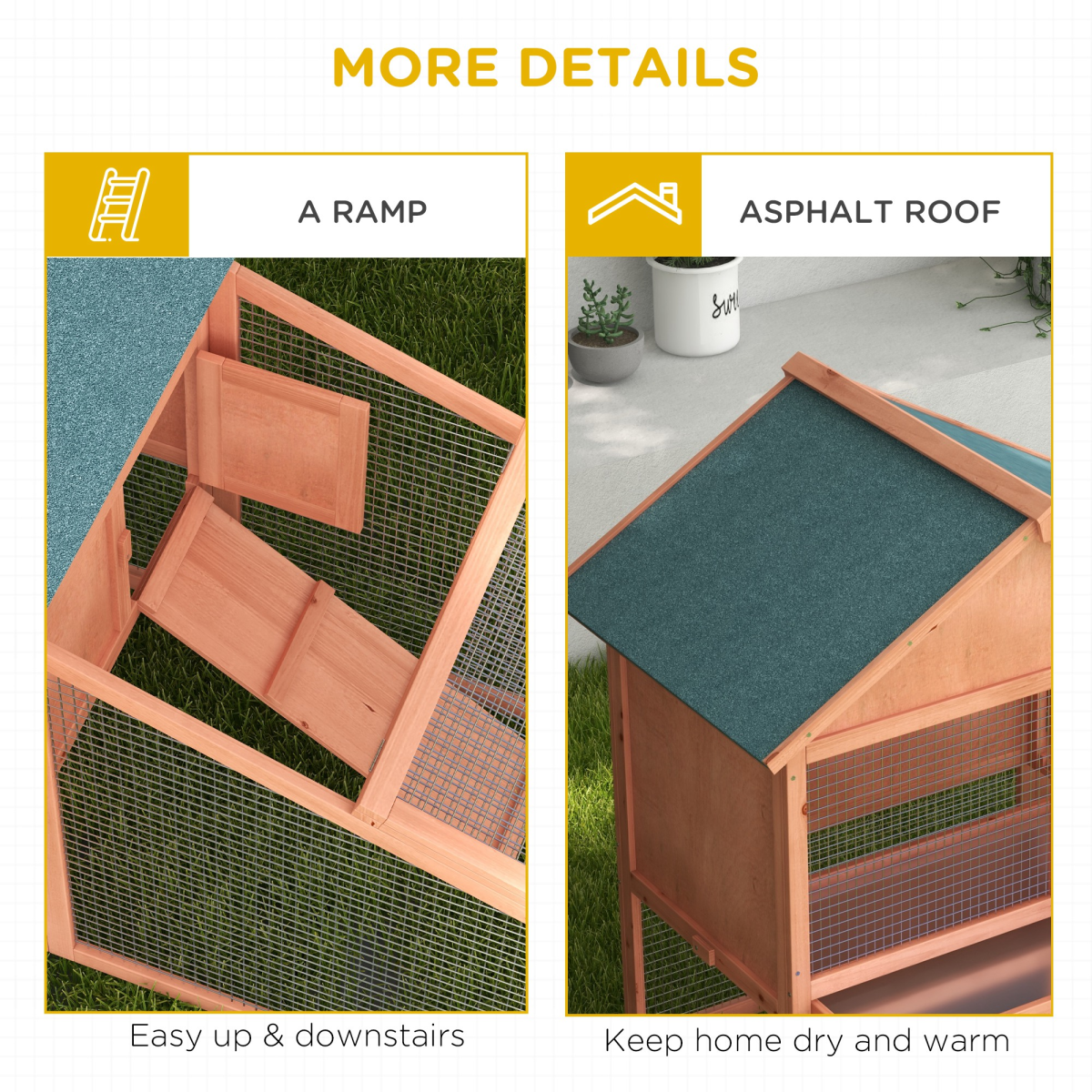 Pawhut 2 Tier Wooden Rabbit Hutch with Asphalt Roof, Ramp, Water Resistant, 144 x 64.5 x 100 cm
