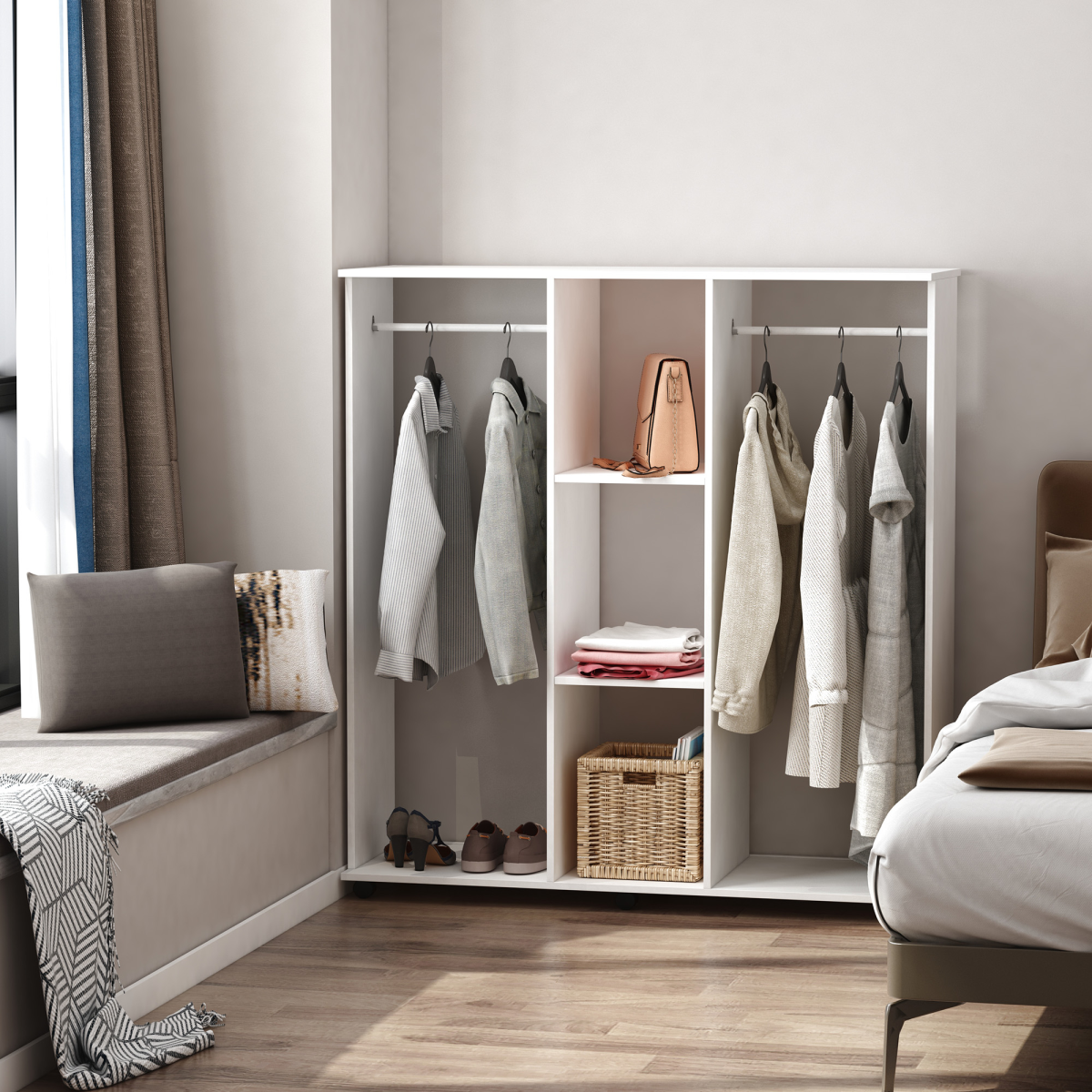 HOMCOM Mobile Double Open Wardrobe with 2 Rails, 3-Tier Cubes, White