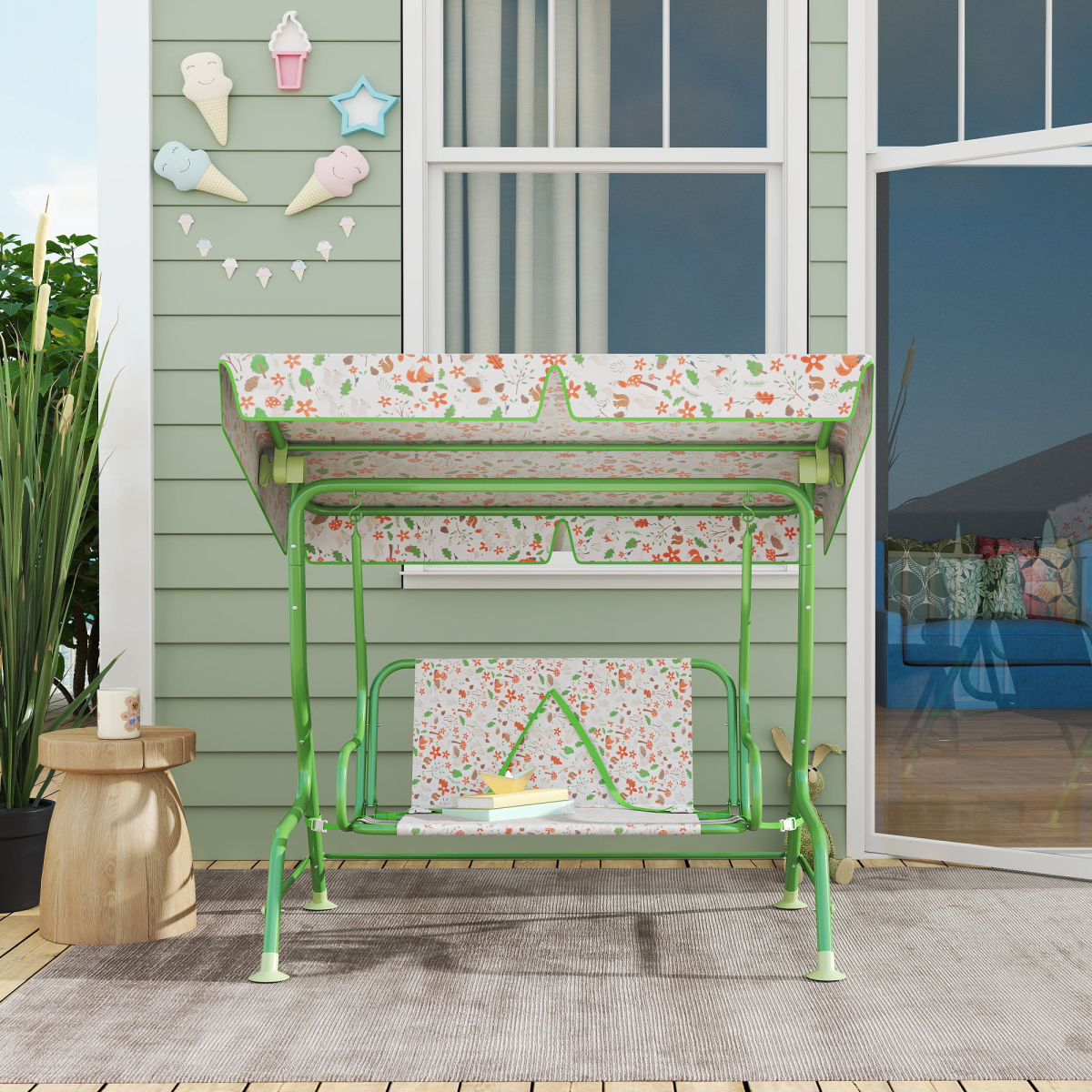 Kids Fox Pattern Swing Seat with Adjustable Canopy