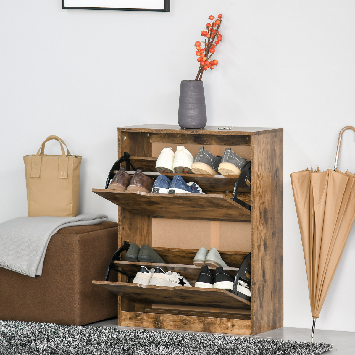 HOMCOM 2-Drawer Shoe Cabinet with Flip Doors for Hallway