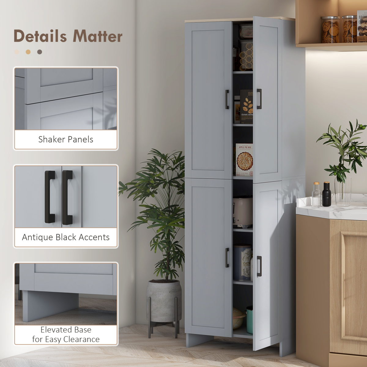 HOMCOM Grey Kitchen Storage Cabinet with 4 Doors and Adjustable Shelves