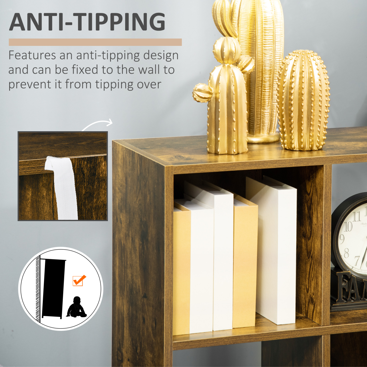 Industrial Style 3-Tier Storage Shelf Bookcase, Rustic Brown