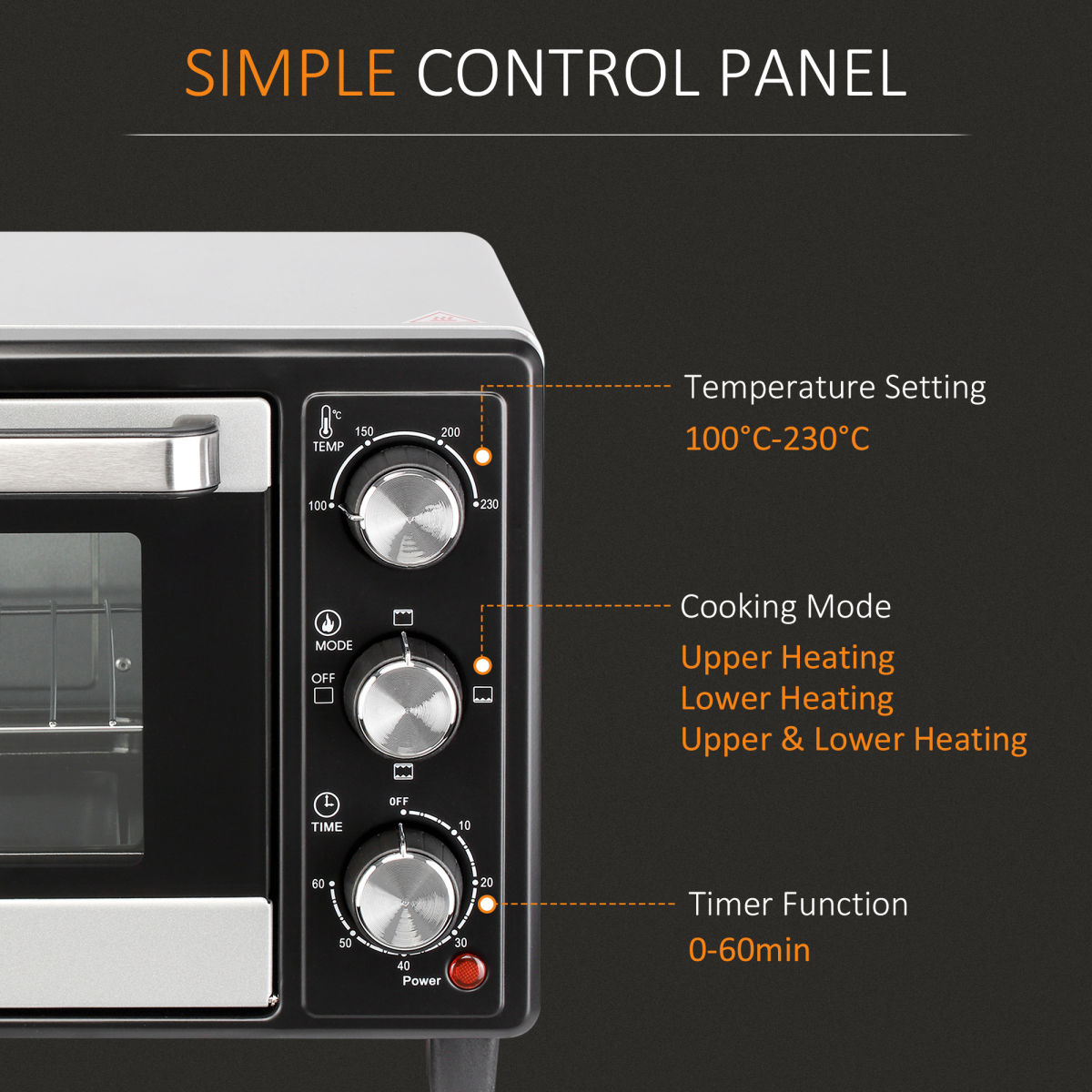 HOMCOM 16L Mini Oven with Grill, 1400W Toaster Oven, Adjustable Temperature, 0-60 Min Timer