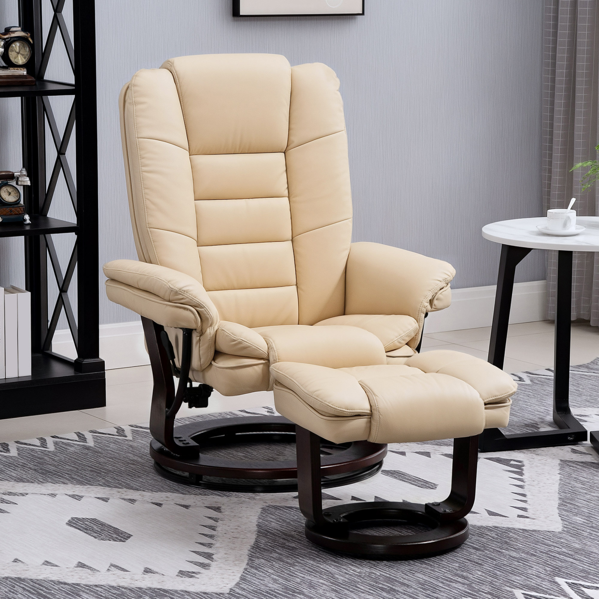 HOMCOM Beige PU Leather Swivel Manual Recliner Chair with Footrest