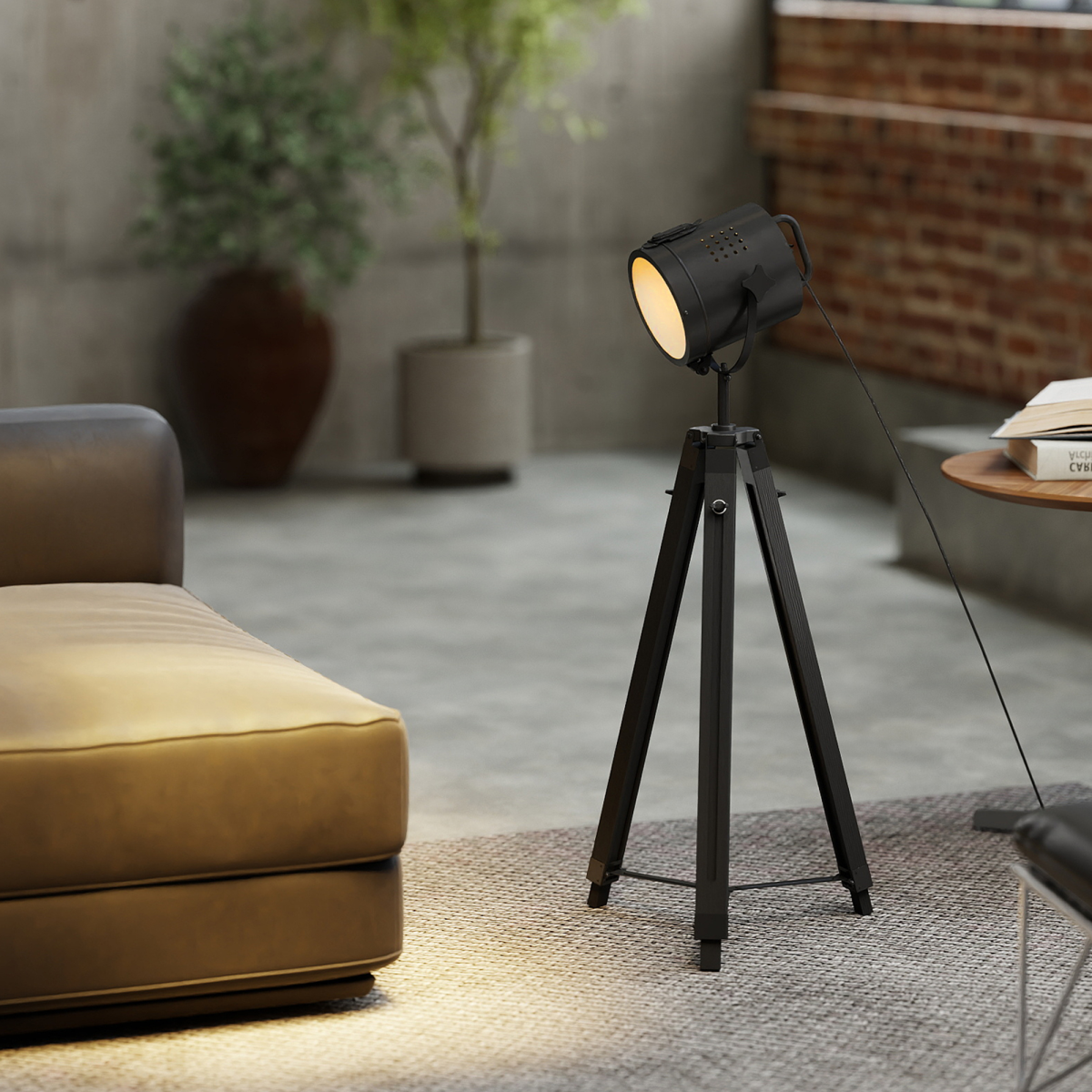 HOMCOM Industrial Adjustable Tripod Floor Lamp with Wood Base, Black