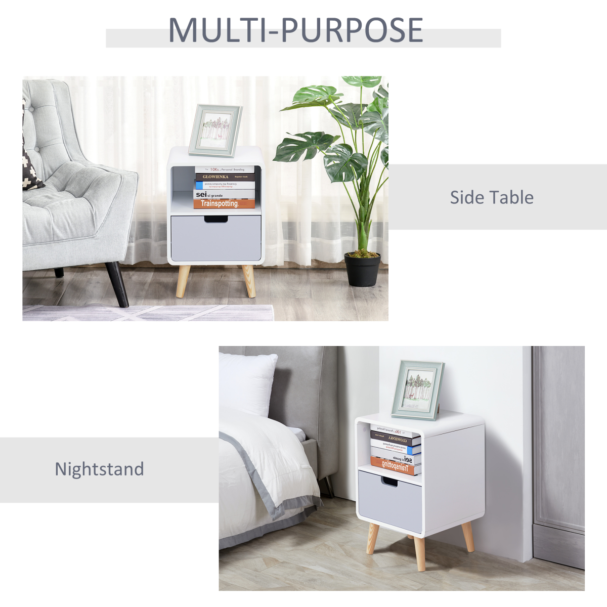 HOMCOM Scandinavian Nordic Style Bedside Table with Drawer and Open Shelf, End Table
