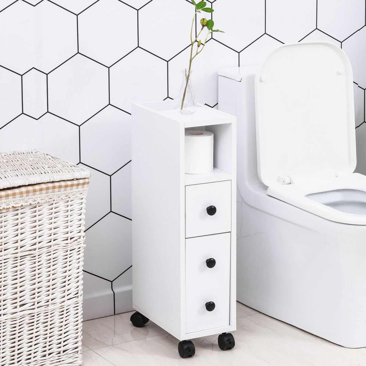 Slimline White Bathroom Storage Unit with 2 Drawers and Wheels