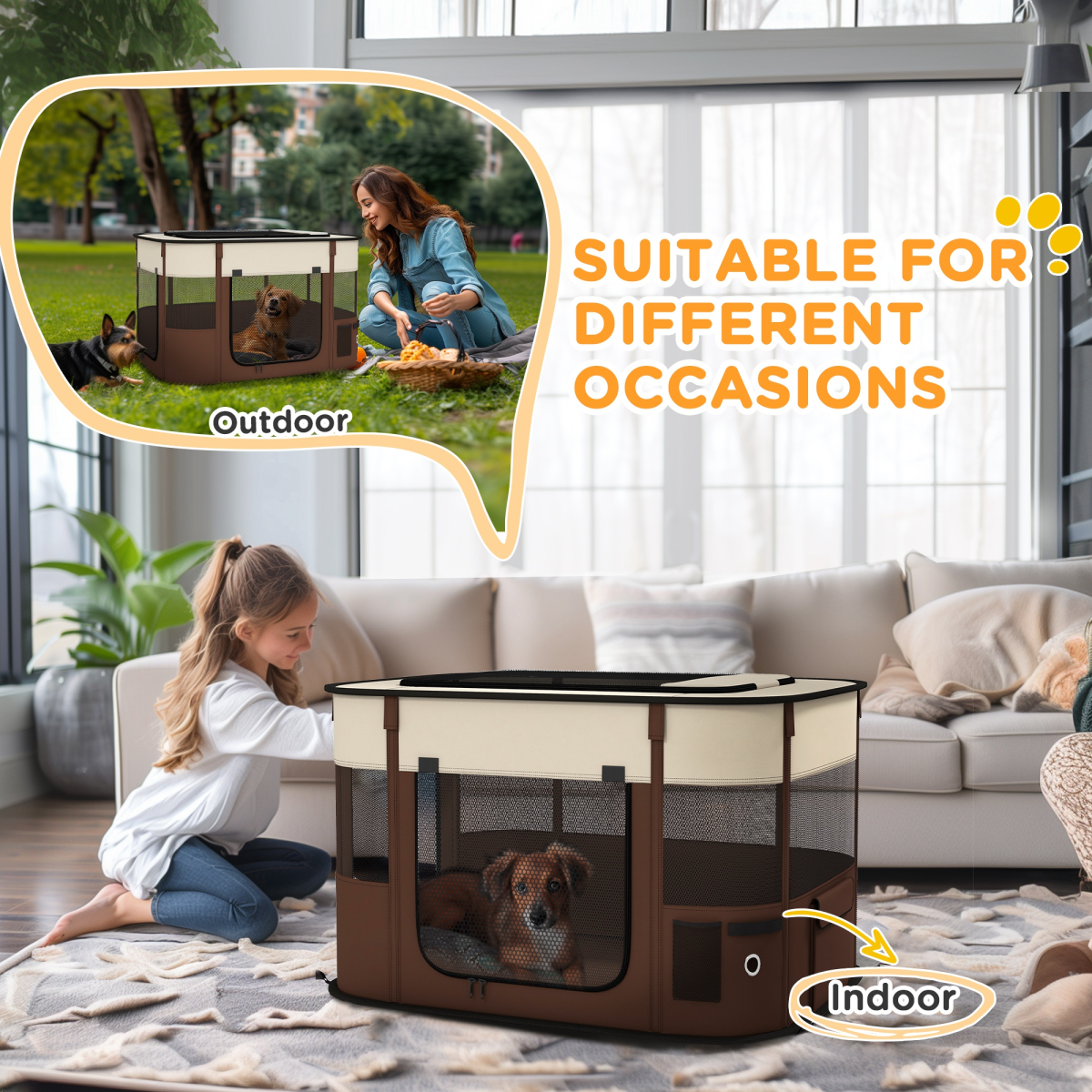 PawHut Foldable Portable Pet Pen for Small Animals, Brown