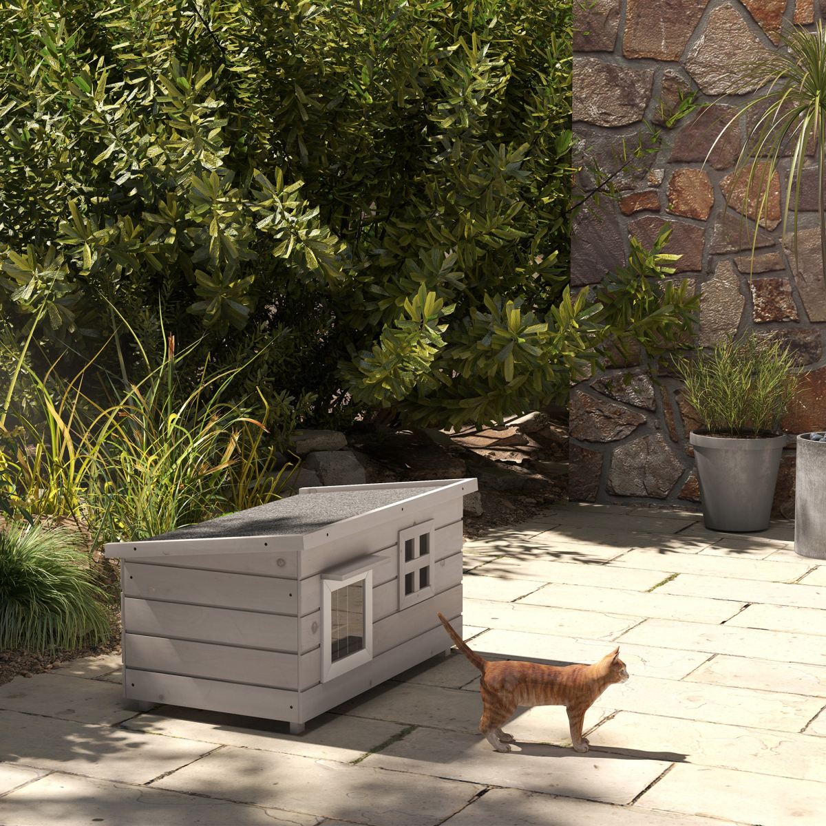 PawHut Wooden Outdoor Cat House with Openable Top, Asphalt Roof, Grey