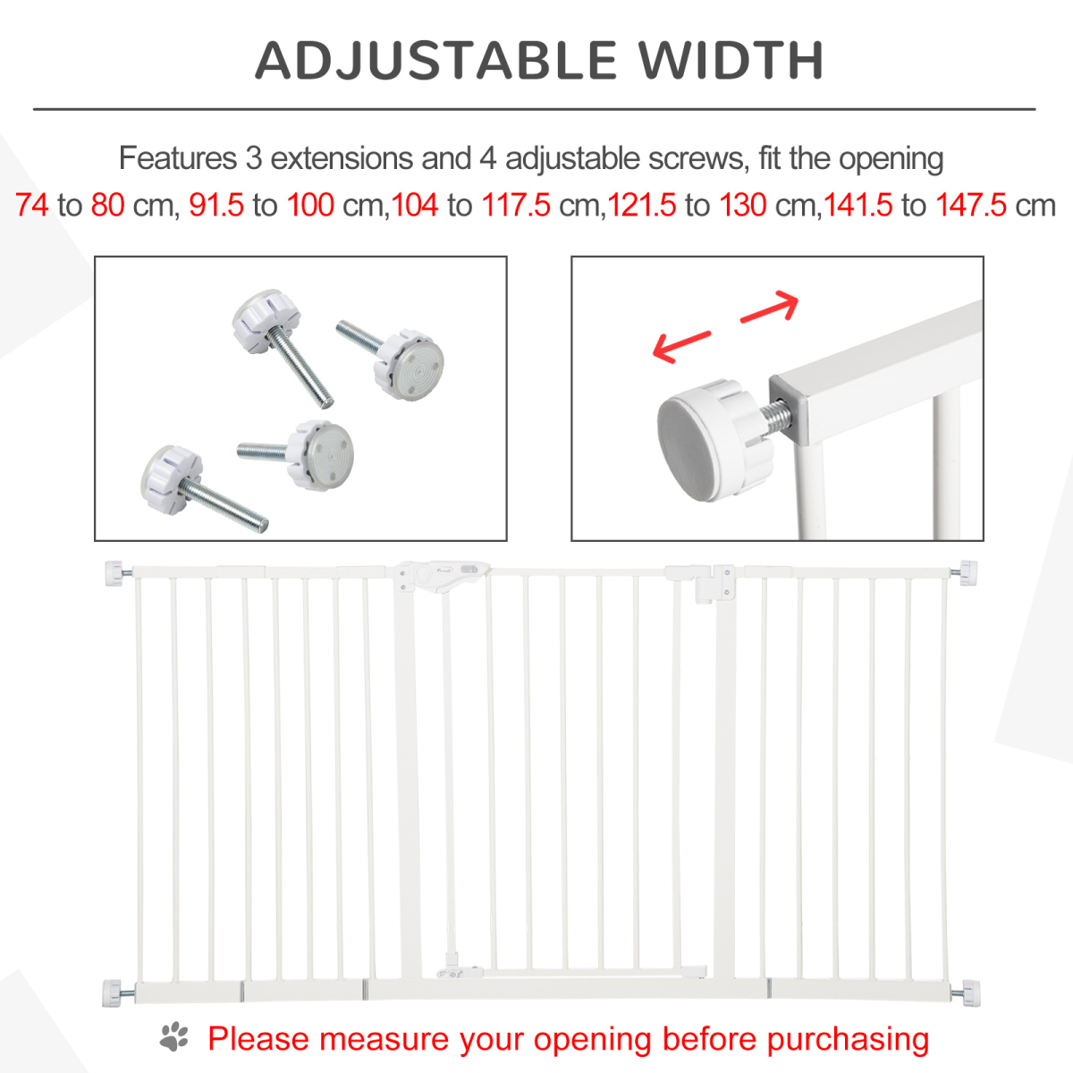 Adjustable White Safety Gate with 3 Extensions and 4 Screws
