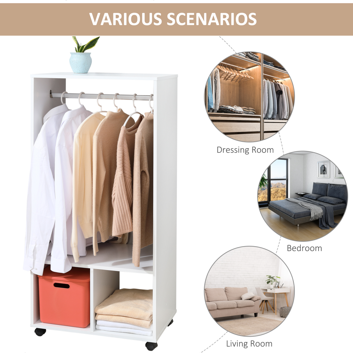 Open Wardrobe Clothes Rail with Shelves & Wheels, White