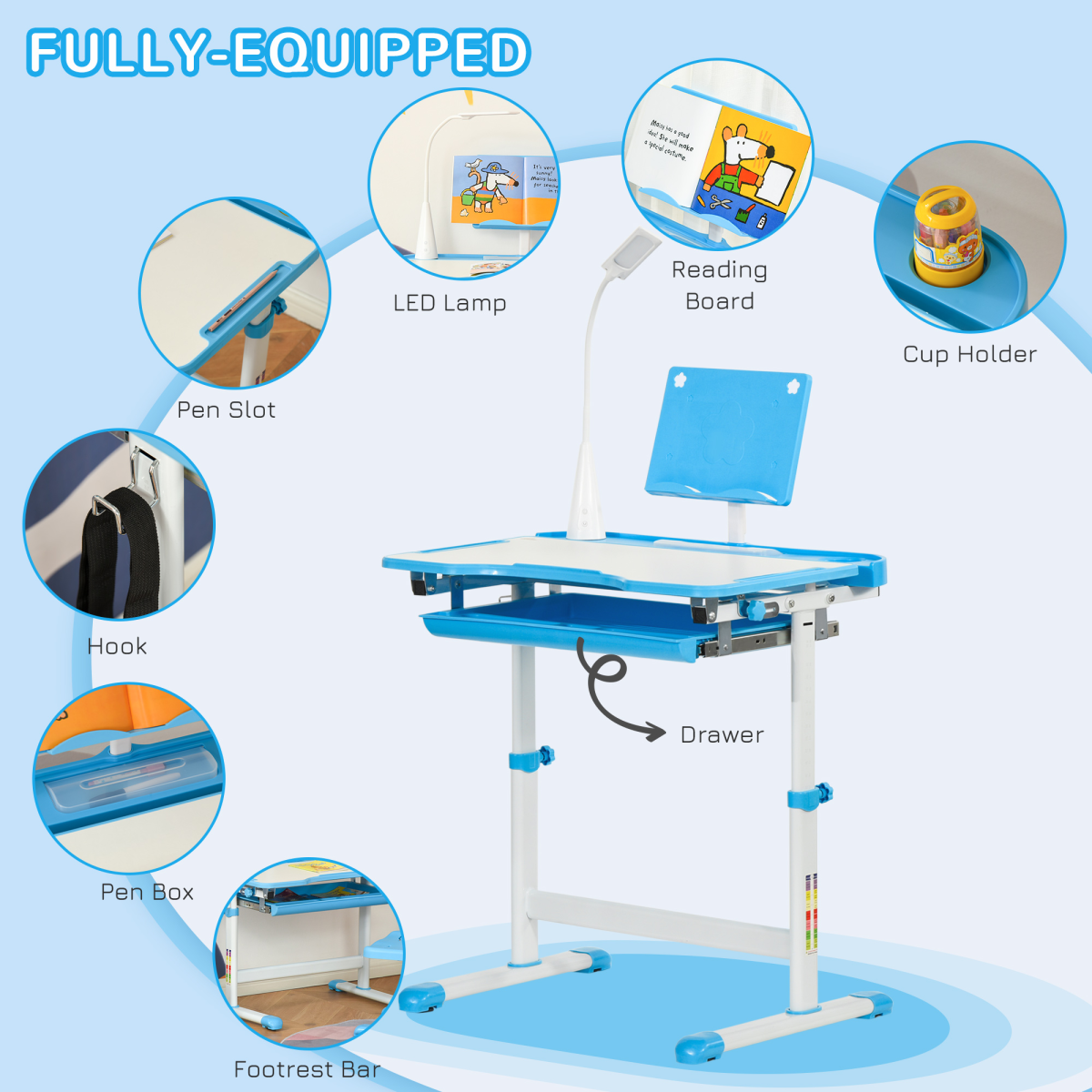 HOMCOM Kids Adjustable Study Desk and Chair Set with USB Lamp, Blue