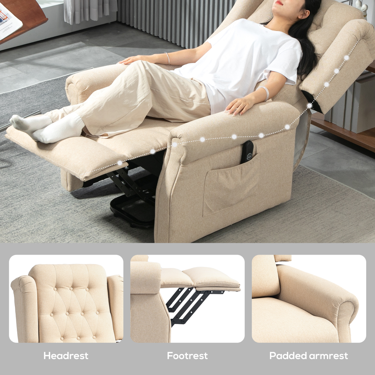 HOMCOM Beige Power Lift Recliner Armchair, Wingback, Button Tufted