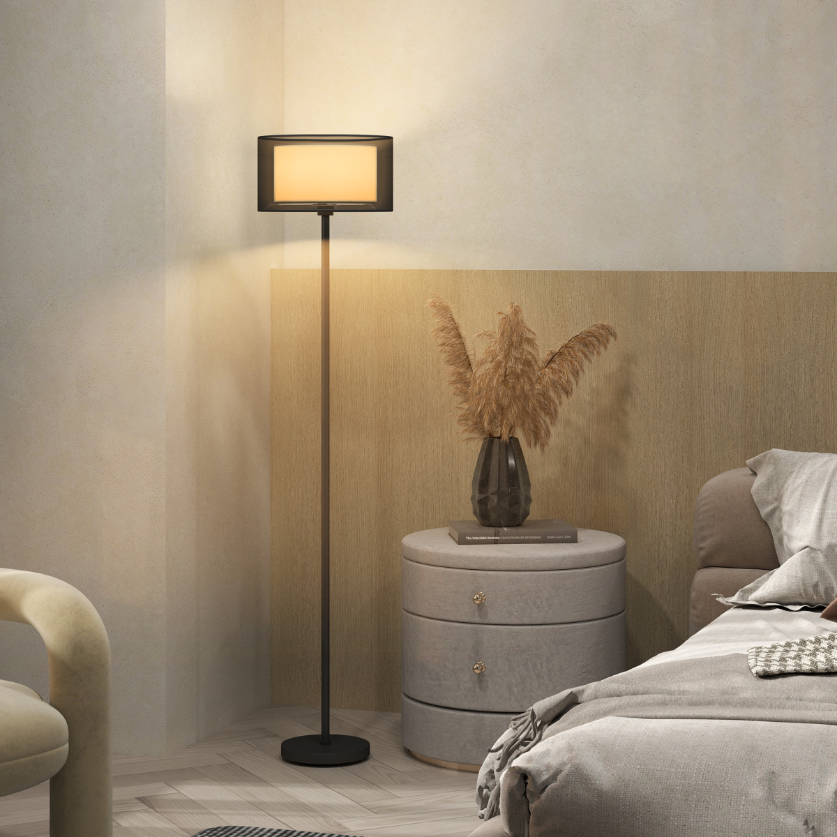 HOMCOM Modern Floor Lamp with Double-Layer Shade, Foot Switch, Black