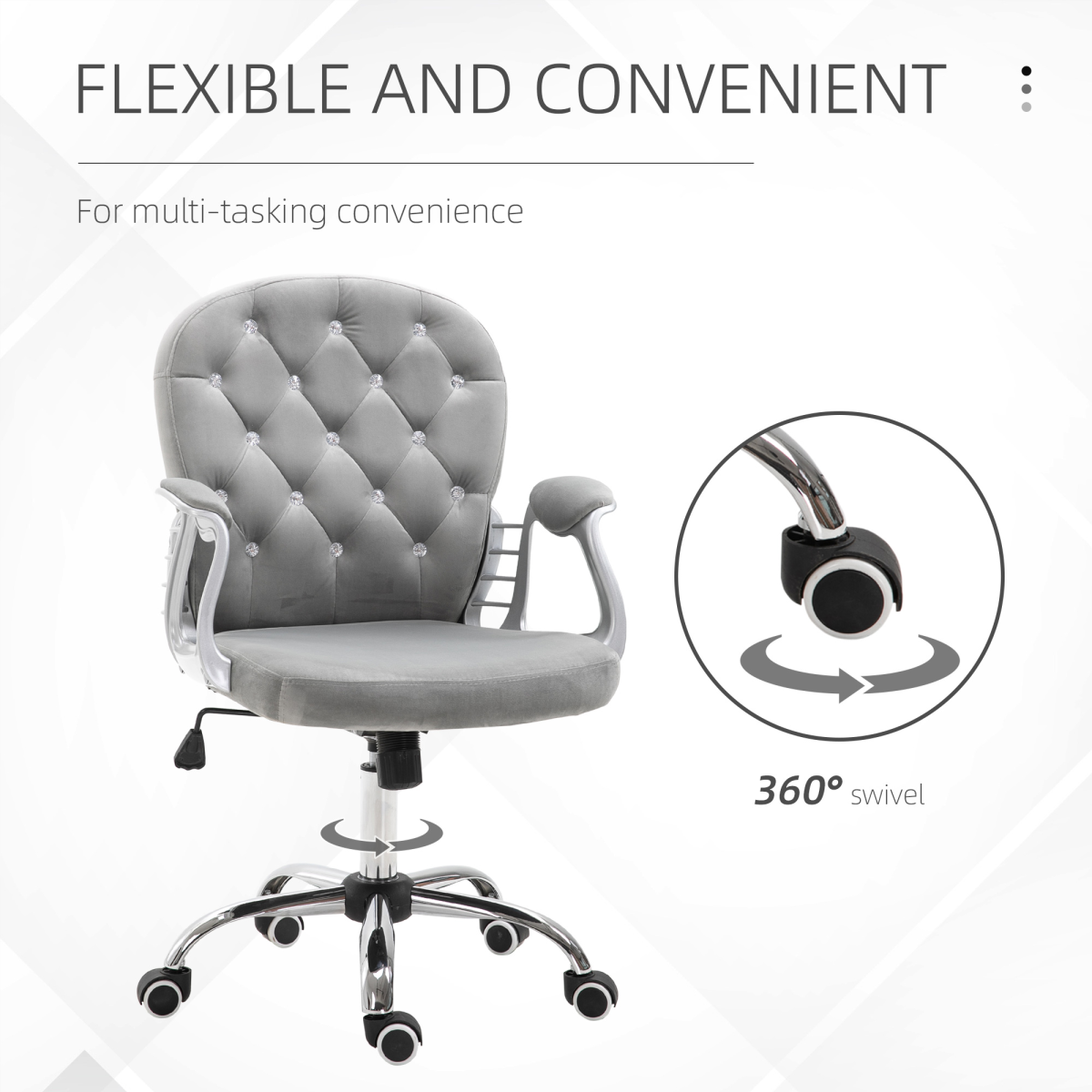 Grey Velour Diamond Tufted Office Chair, Adjustable 360° Swivel