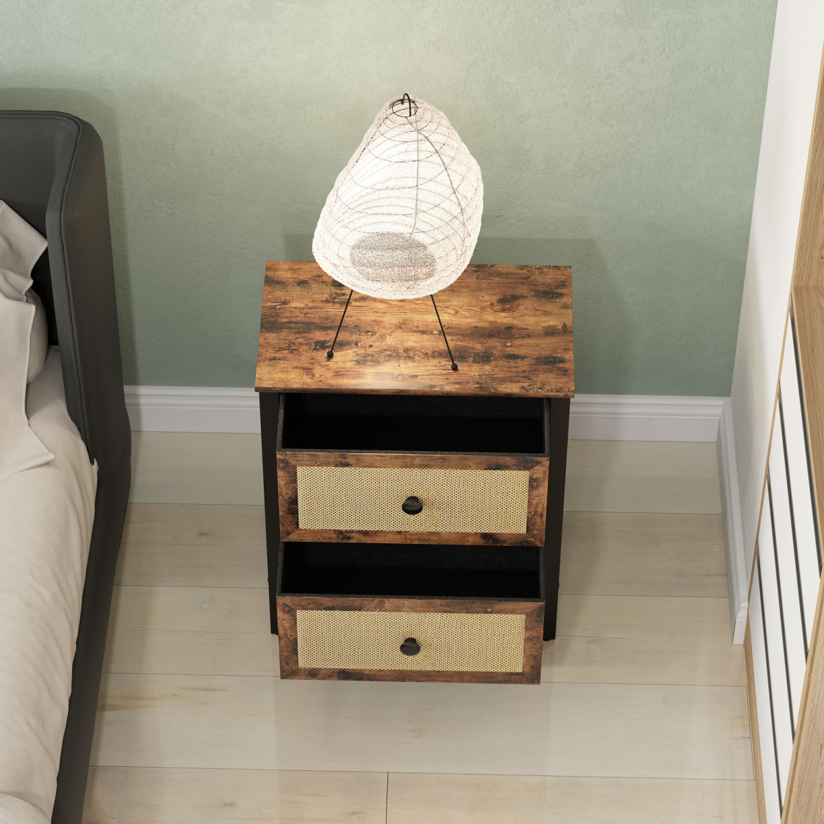HOMCOM Rustic Brown Bedside Table with 2 Rattan Drawers, Steel Legs