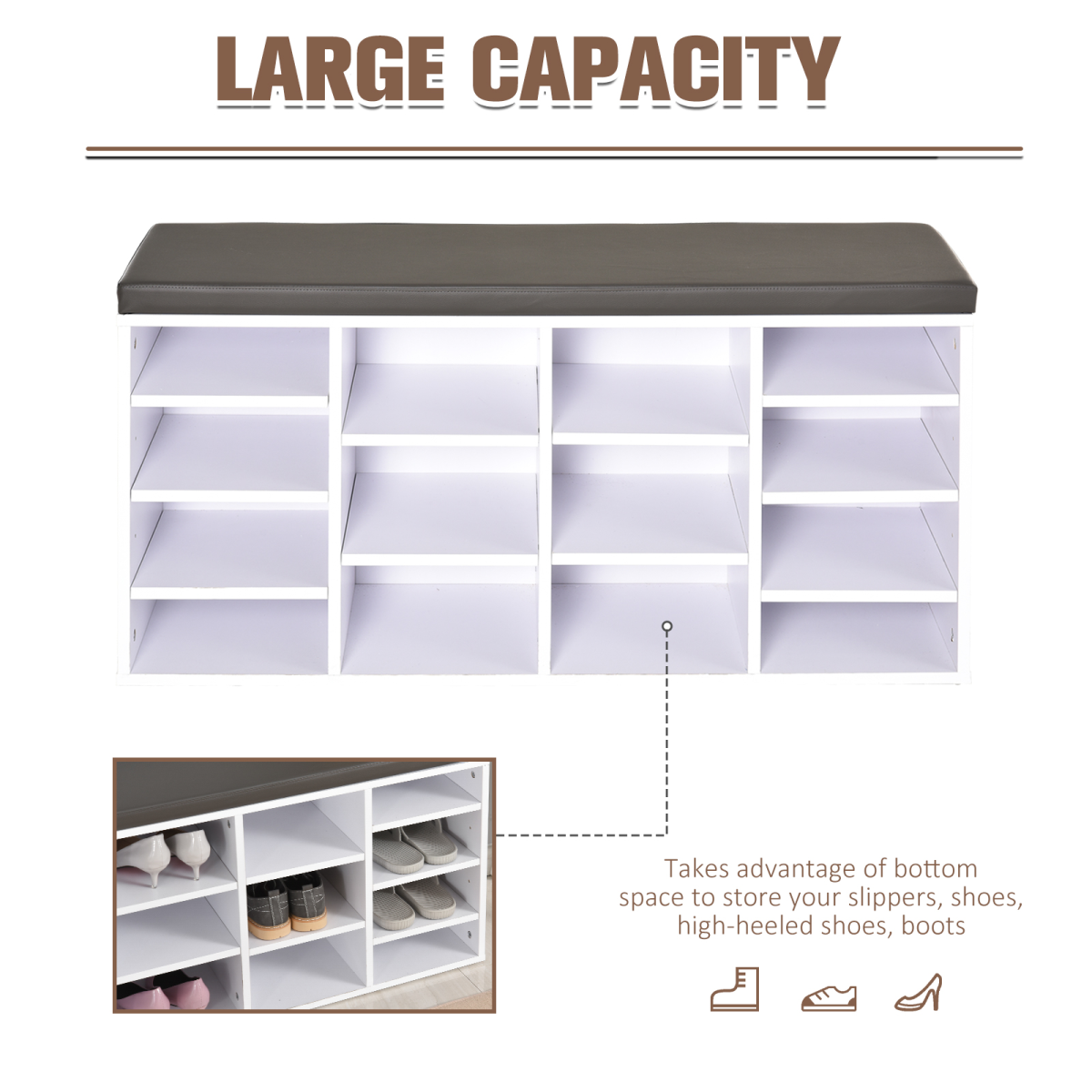 HOMCOM 14-Compartment Shoe Storage Bench with PU Leather Seat, Brown/White