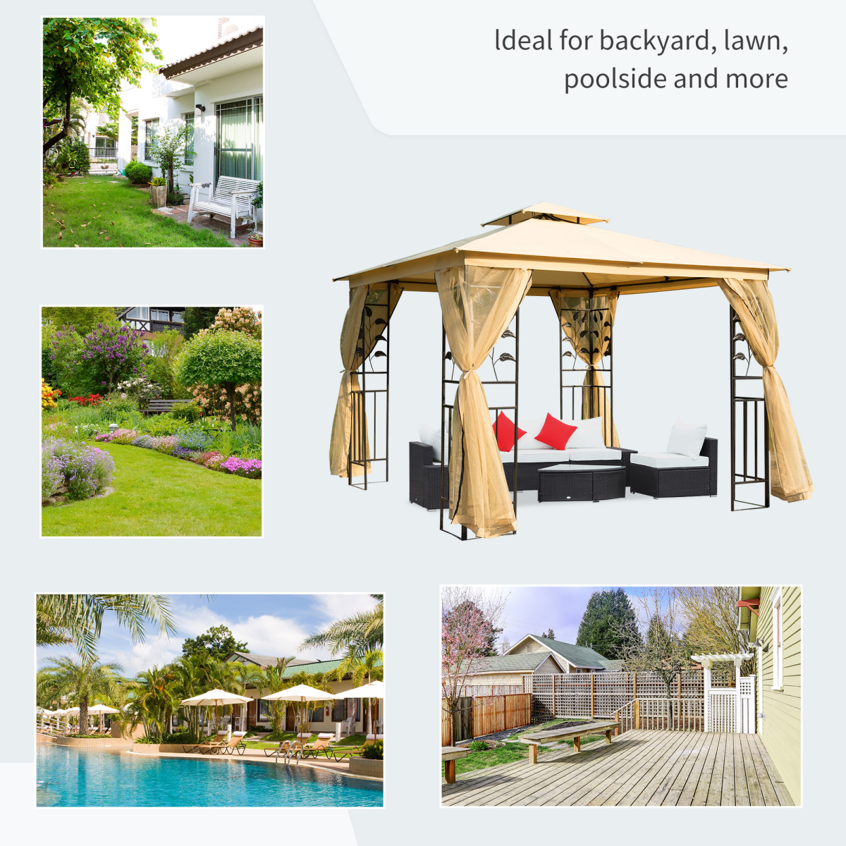 Outsunny 3x3 m Beige Double Top Gazebo with Mesh Sidewalls