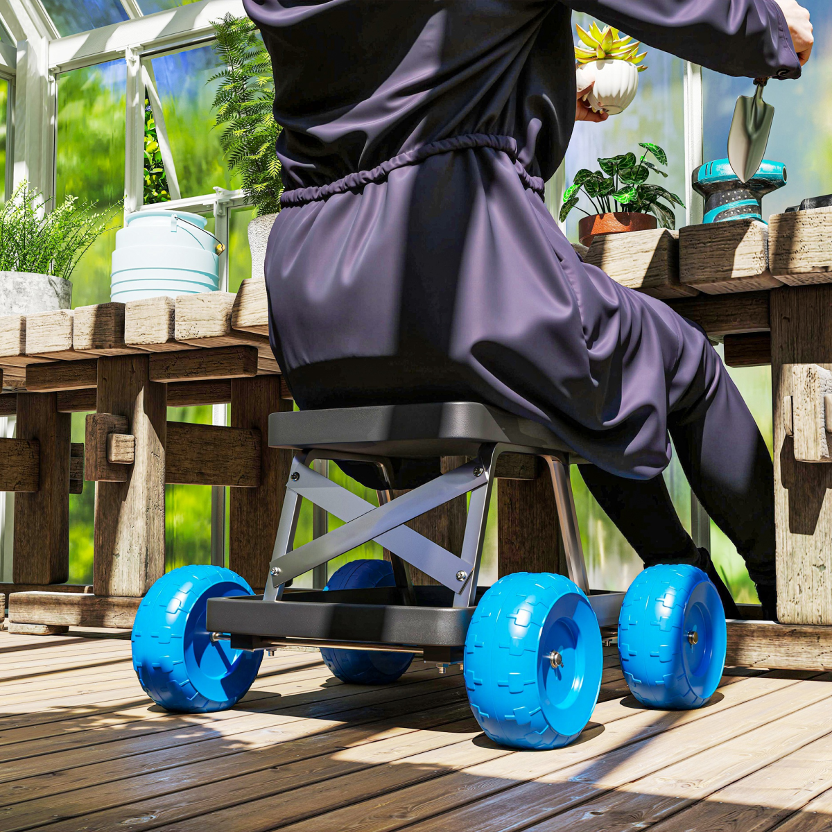 Outsunny Garden Seat Cart with Wheels and Tool Tray, Blue