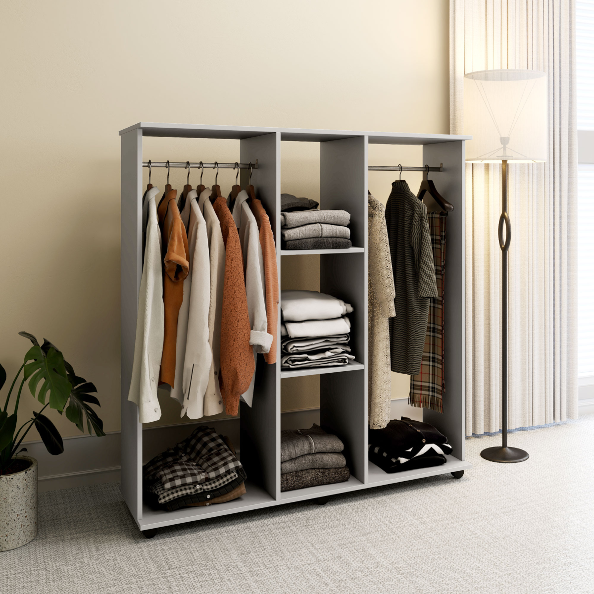 HOMCOM Mobile Double Open Wardrobe with Hanging Rails, Grey