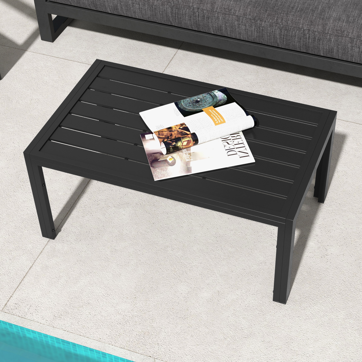 Outsunny Outdoor Side Table with Galvanised Steel Frame and Slatted Top, Black