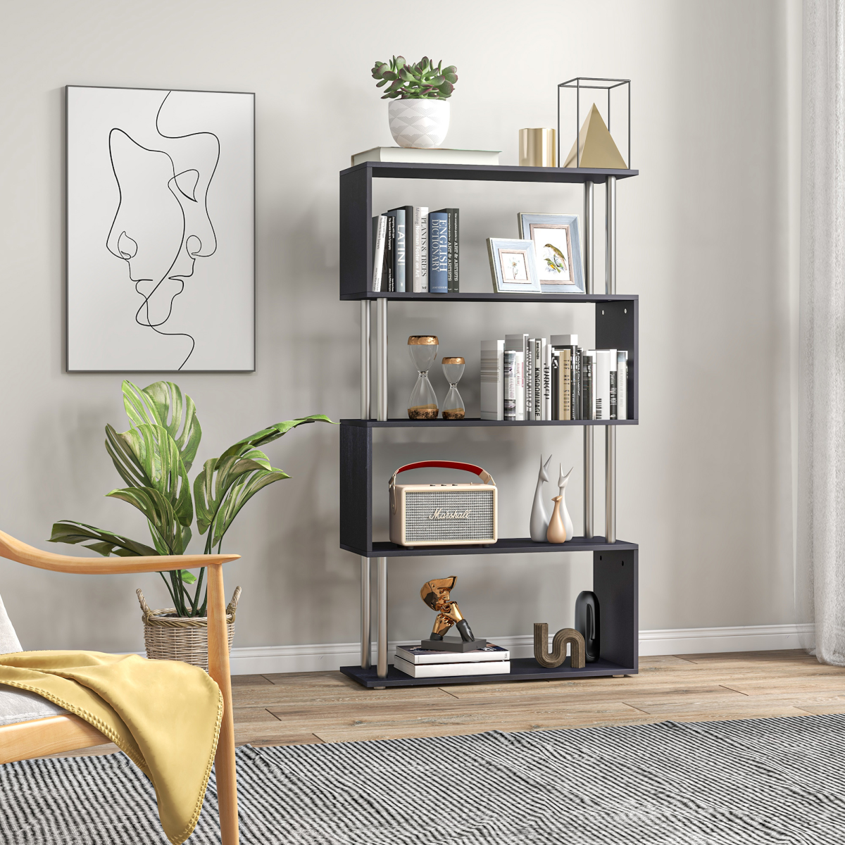 HOMCOM Modern S-Shaped Wooden Bookshelf Room Divider Storage Display Unit Black