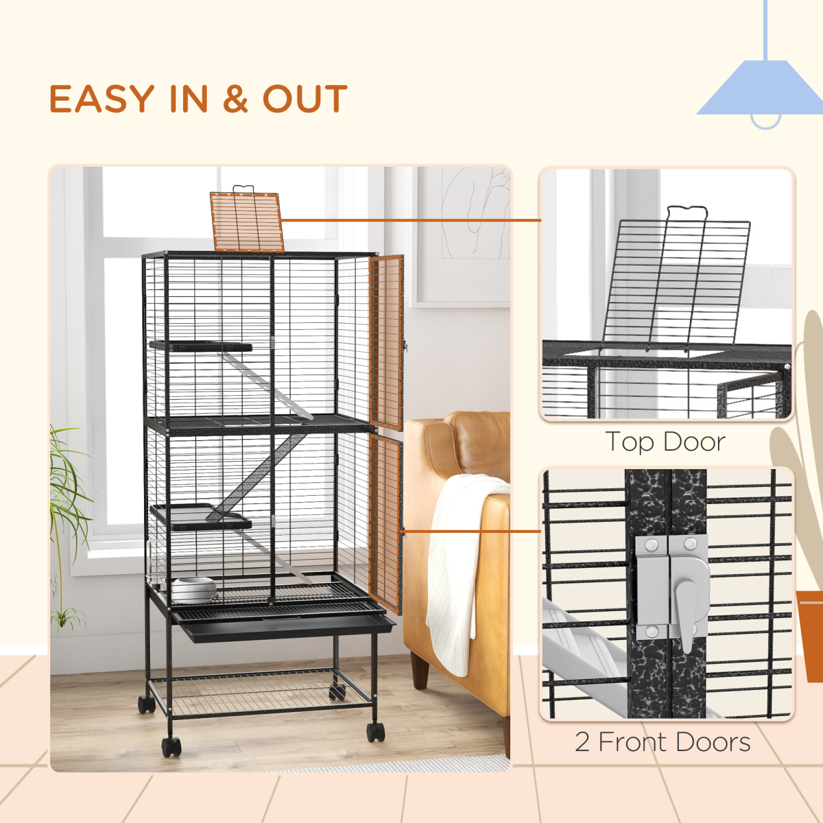 PawHut 136cm Rolling Ferret Cage with 3 Doors & Storage Shelf