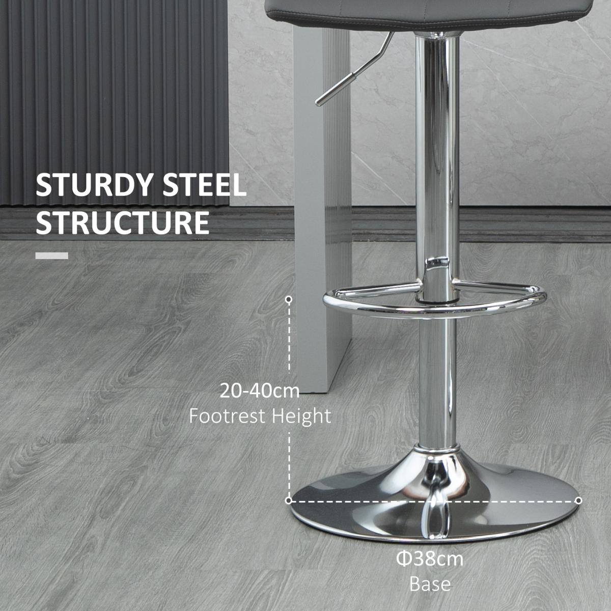 HOMCOM Set of 2 Adjustable Swivel Breakfast Dining Stools with Footrest, Faux Leather, Grey