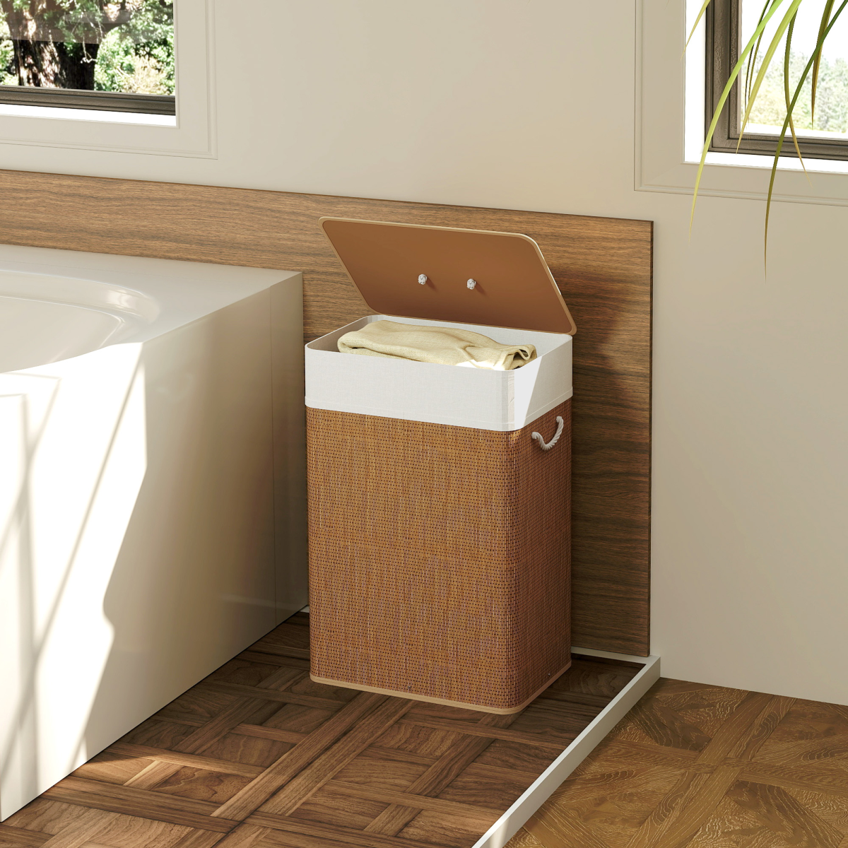 HOMCOM Bamboo Laundry Hamper, 72L, Removable Washable Liner Bag, Brown