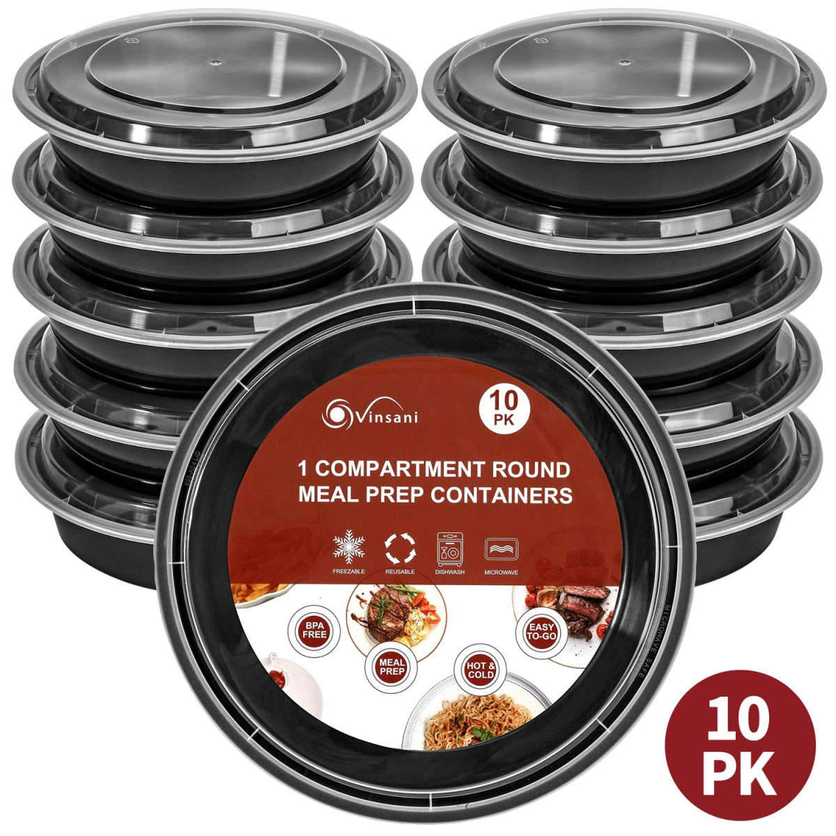 Vinsani 30 Pack Round 1-Compartment Meal Prep Containers with Airtight Leak-Resistant Lids, BPA-Free, Microwave, Freezer and Dishwasher Safe