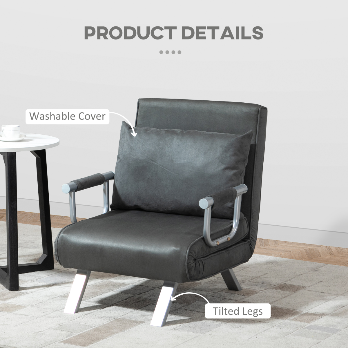 Foldable Sofa Bed Armchair Sleeper Lounge Chair with Adjustable Back, Dark Grey