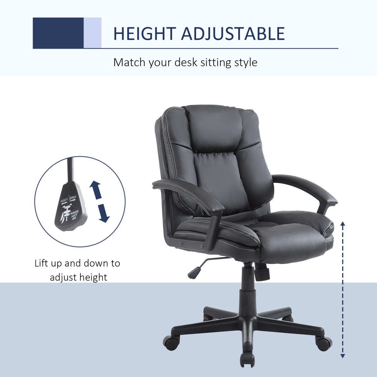 Swivel Executive Office Chair, Mid Back PU Leather, Black, with Arm